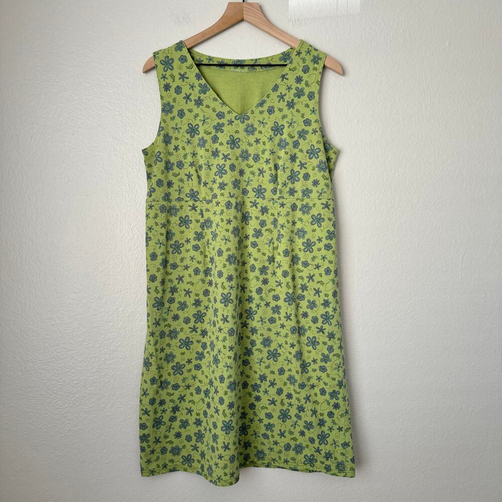 Vintage Y2K 2000s Womens Green Floral Midi Dress Sleeveless V-Neck Size Medium